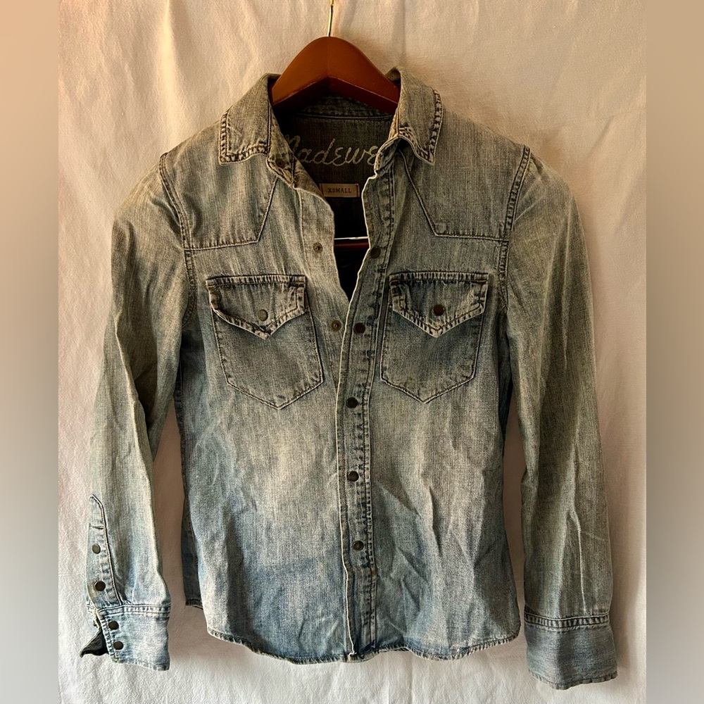 Madewell Western Snap-Button Light Blue Denim Shirt Women’s XS Oversize Fit